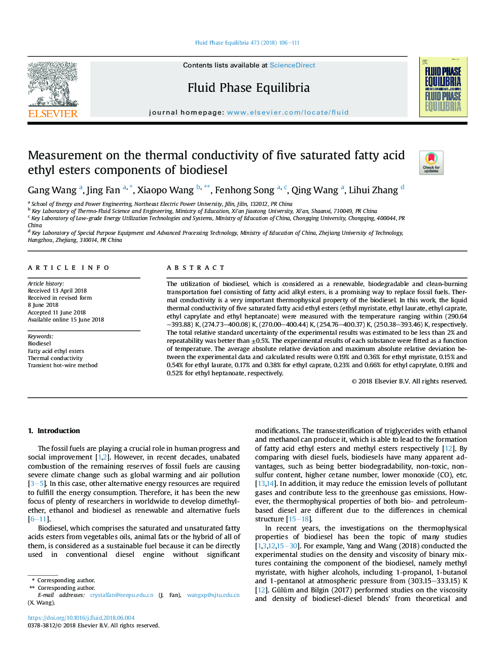 Measurement on the thermal conductivity of five saturated fatty acid ethyl esters components of biodiesel