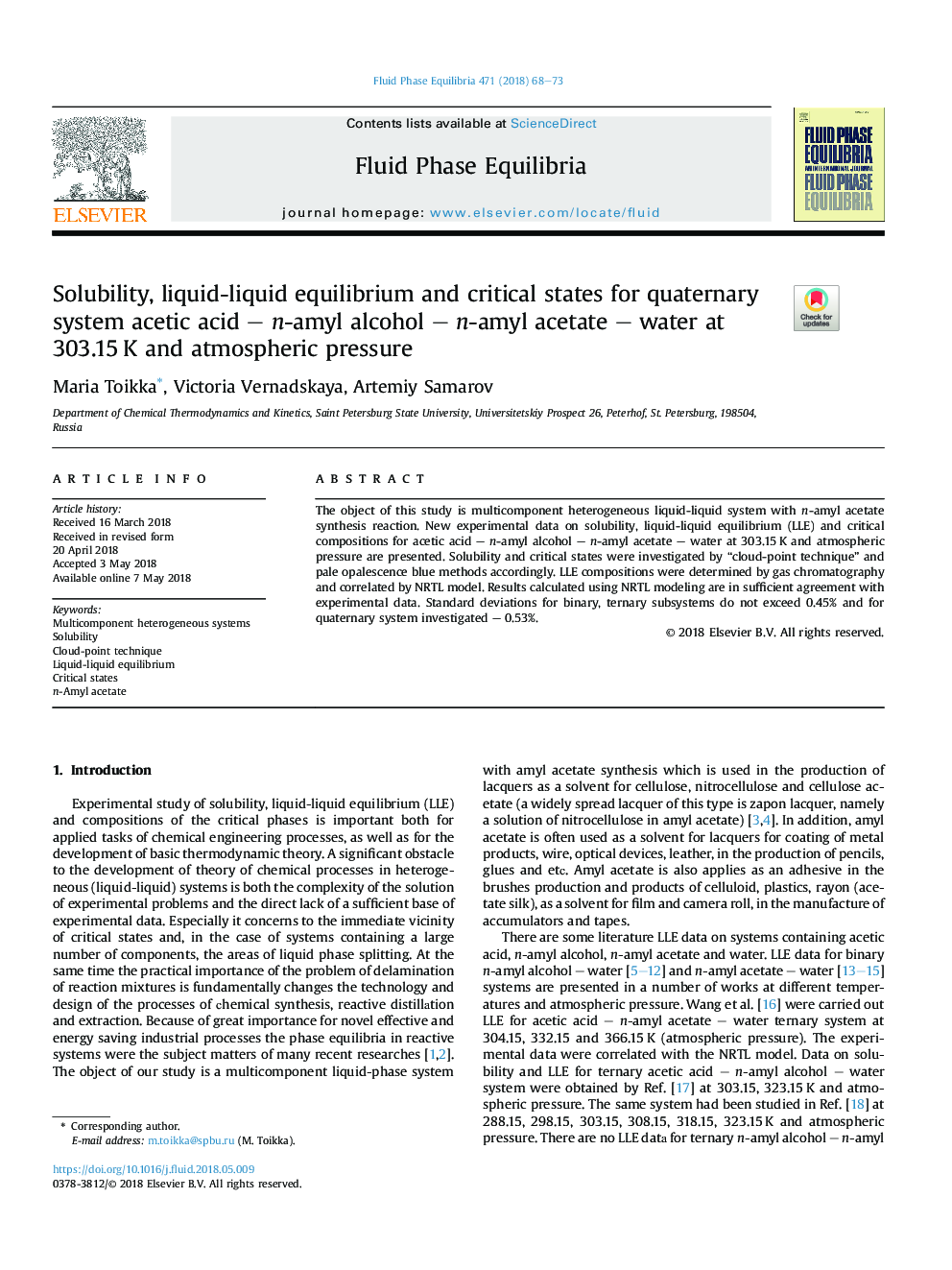 Solubility, liquid-liquid equilibrium and critical states for quaternary system acetic acid - n-amyl alcohol - n-amyl acetate - water at 303.15â¯K and atmospheric pressure
