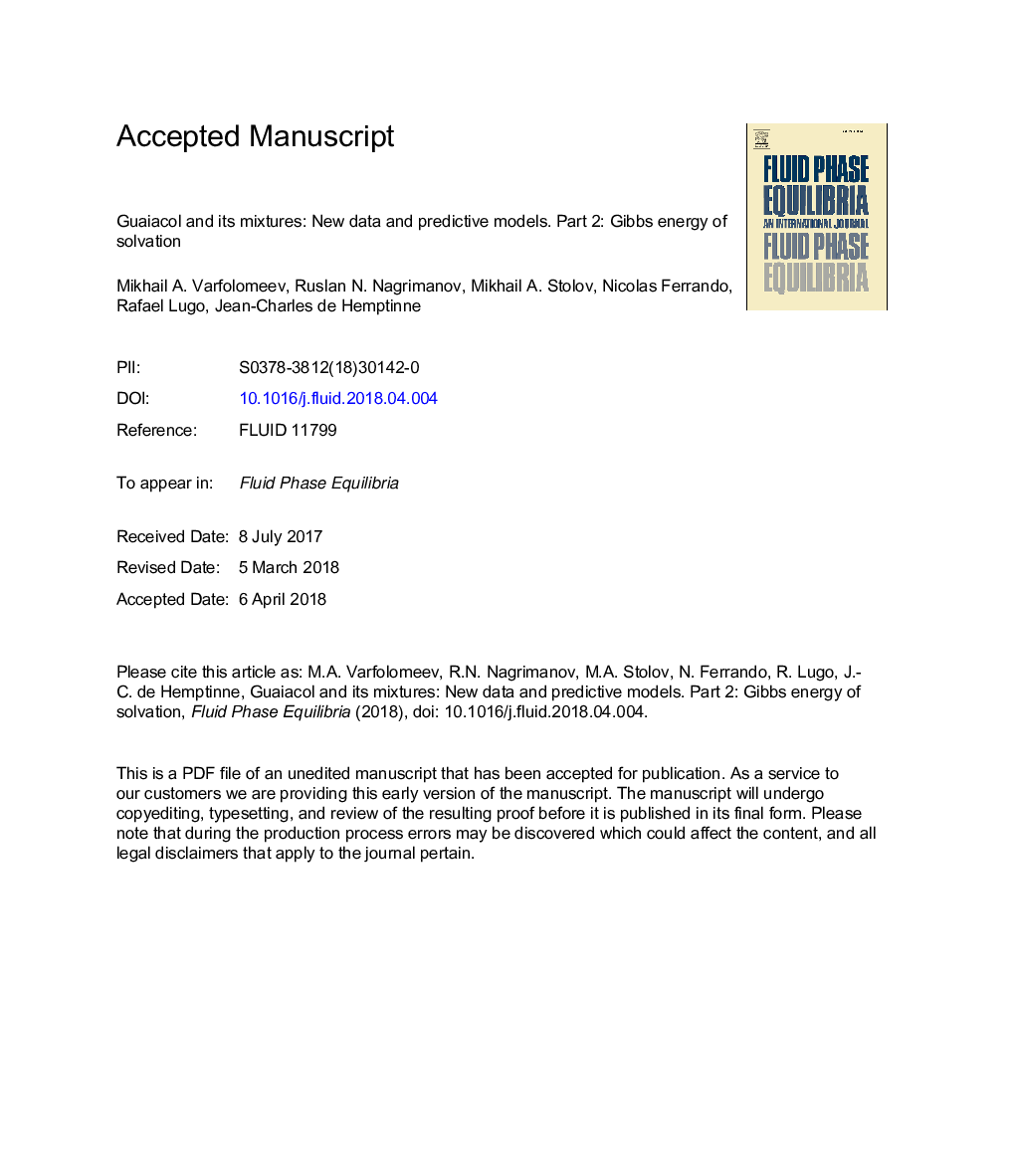 عکس صفحه اول مقاله: Guaiacol and its mixtures: New data and predictive models. Part 2: Gibbs energy of solvation Guaiacol and its mixtures: New data and predictive models. Part 2: Gibbs energy of solvation