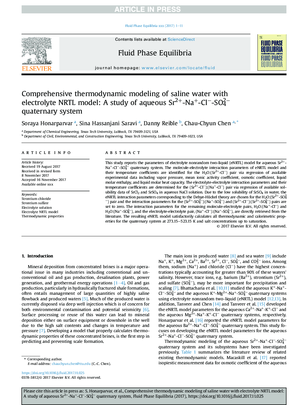 Comprehensive thermodynamic modeling of saline water with electrolyte NRTL model: A study of aqueous Sr2+-Na+-Clâ-SO42â quaternary system