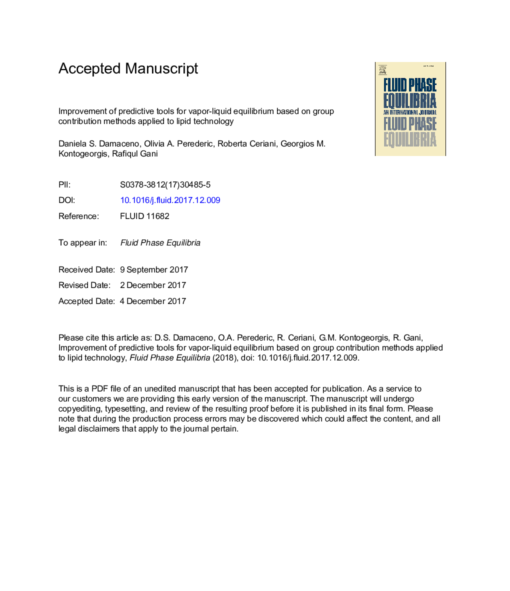 Improvement of predictive tools for vapor-liquid equilibrium based on group contribution methods applied to lipid technology