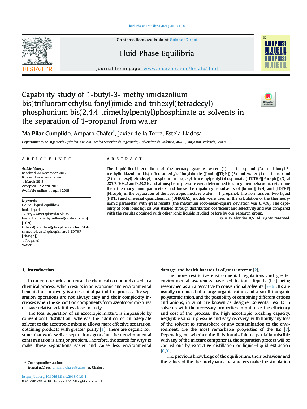 Capability study of 1-butyl-3- methylimidazolium bis(trifluoromethylsulfonyl)imide and trihexyl(tetradecyl)phosphonium bis(2,4,4-trimethylpentyl)phosphinate as solvents in the separation of 1-propanol from water