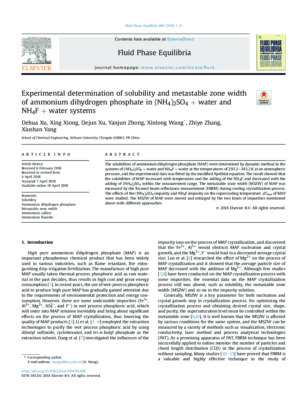 Experimental determination of solubility and metastable zone width of ammonium dihydrogen phosphate in (NH4)2SO4Â + water and NH4FÂ + water systems