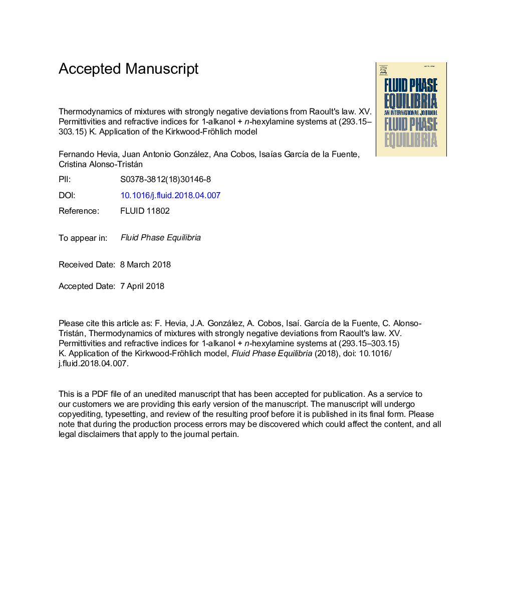 Thermodynamics of mixtures with strongly negative deviations from Raoult's law. XV. Permittivities and refractive indices for 1-alkanolÂ + n-hexylamine systems at (293.15-303.15) K. Application of the Kirkwood-Fröhlich model