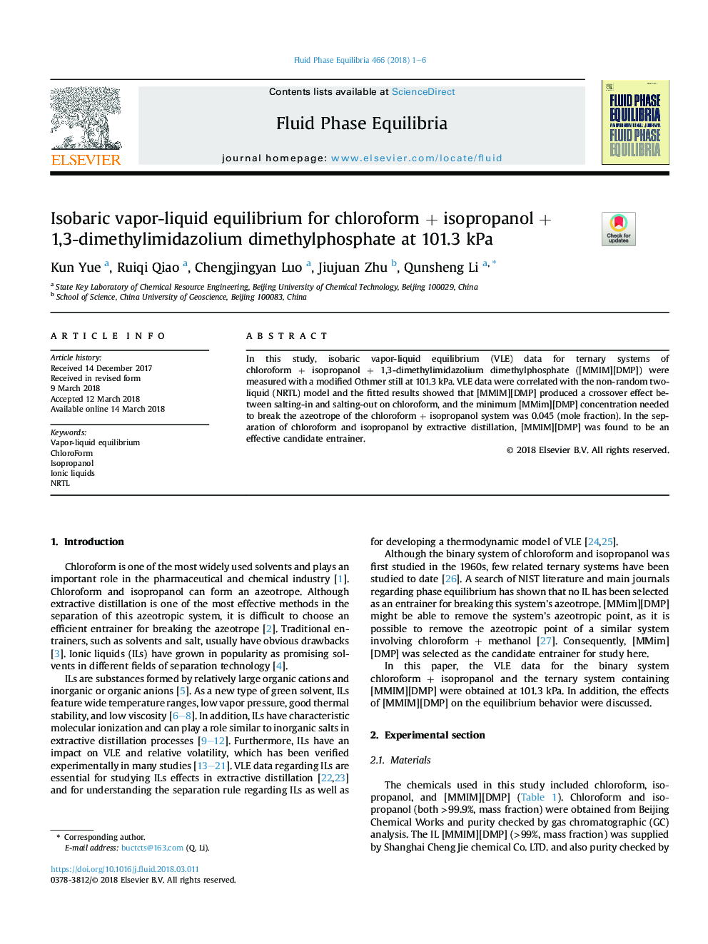 Isobaric vapor-liquid equilibrium for chloroformÂ + isopropanolÂ + 1,3-dimethylimidazolium dimethylphosphate at 101.3Â kPa