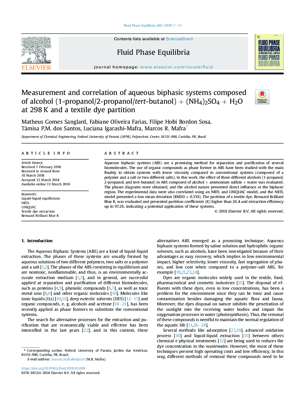 Measurement and correlation of aqueous biphasic systems composed of alcohol (1-propanol/2-propanol/tert-butanol)Â +Â (NH4)2SO4Â +Â H2O at 298â¯K and a textile dye partition