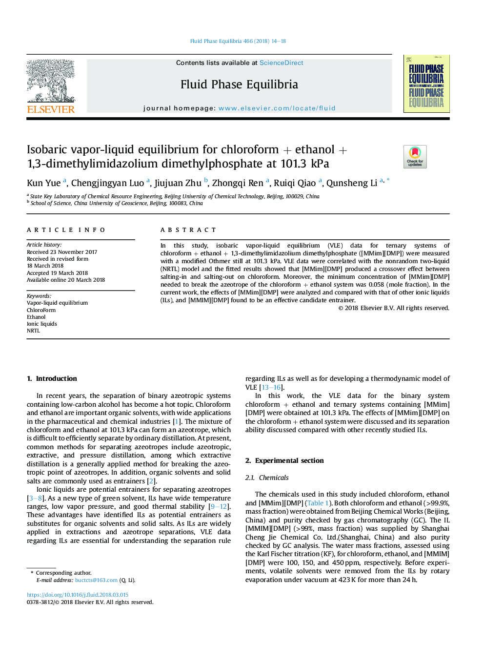 Isobaric vapor-liquid equilibrium for chloroformÂ + ethanolÂ + 1,3-dimethylimidazolium dimethylphosphate at 101.3Â kPa