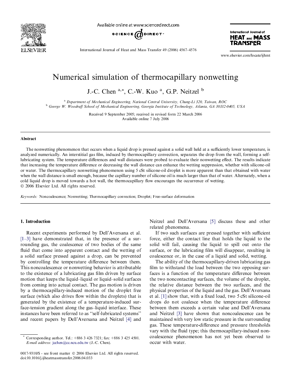 Numerical simulation of thermocapillary nonwetting