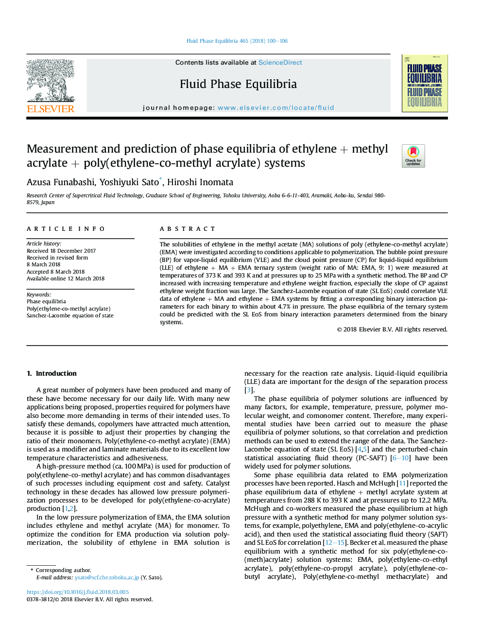 عکس صفحه اول مقاله: Measurement and prediction of phase equilibria of ethylene + methyl acrylate + poly(ethylene-co-methyl acrylate) systems Measurement and prediction of phase equilibria of ethylene + methyl acrylate + poly(ethylene-co-methyl acrylate) systems