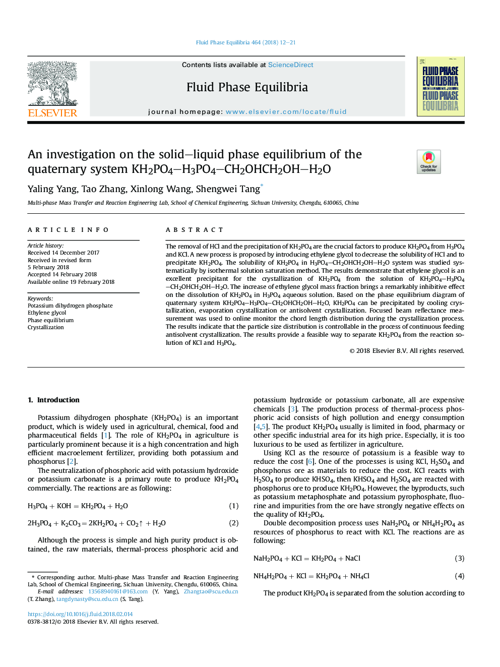 An investigation on the solid-liquid phase equilibrium of the quaternary system KH2PO4-H3PO4-CH2OHCH2OH-H2O