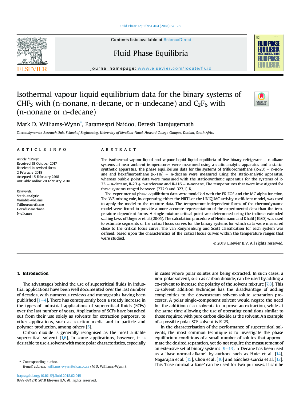 Isothermal vapour-liquid equilibrium data for the binary systems of CHF3 with (n-nonane, n-decane, or n-undecane) and C2F6 with (n-nonane or n-decane)