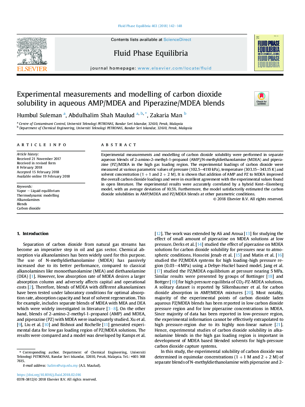 Experimental measurements and modelling of carbon dioxide solubility in aqueous AMP/MDEA and Piperazine/MDEA blends