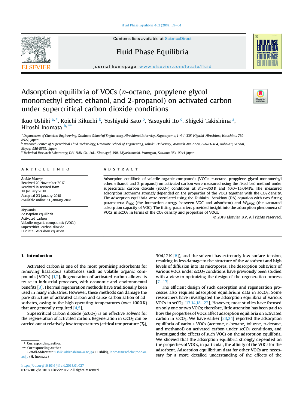 Adsorption equilibria of VOCs (n-octane, propylene glycol monomethyl ether, ethanol, and 2-propanol) on activated carbon under supercritical carbon dioxide conditions