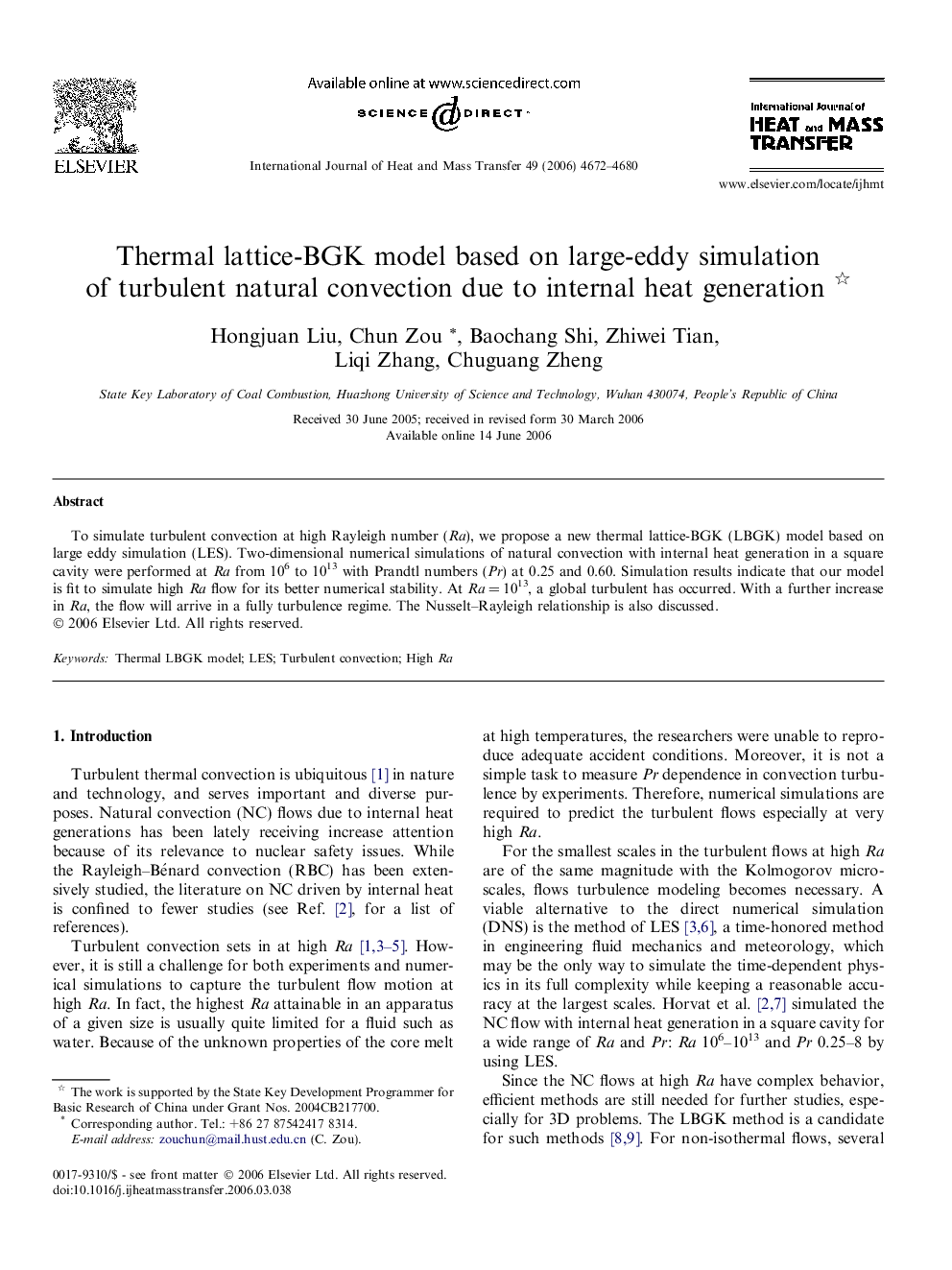 Thermal lattice-BGK model based on large-eddy simulation of turbulent natural convection due to internal heat generation 