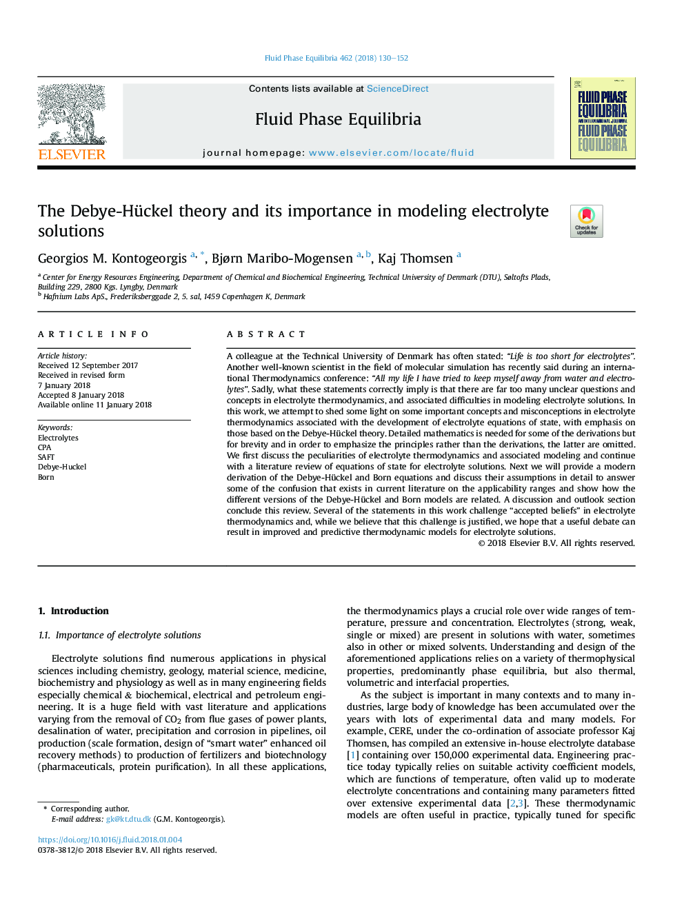 عکس صفحه اول مقاله: The Debye-Hückel theory and its importance in modeling electrolyte solutions The Debye-Hückel theory and its importance in modeling electrolyte solutions
