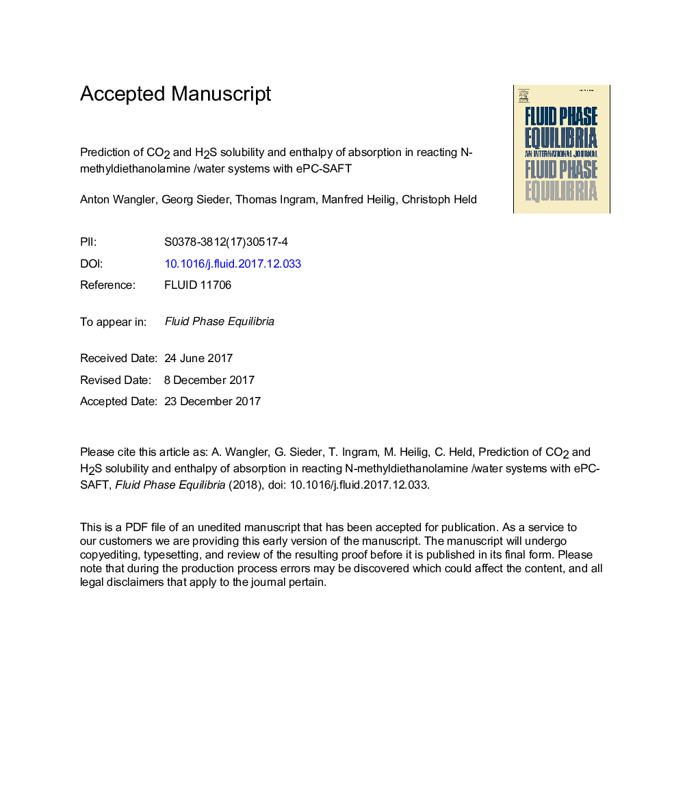 Prediction of CO2 and H2S solubility and enthalpy of absorption in reacting N-methyldiethanolamine /water systems with ePC-SAFT