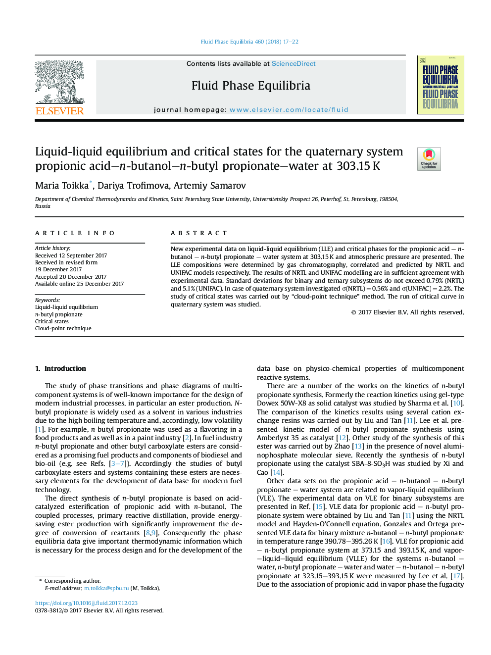 Liquid-liquid equilibrium and critical states for the quaternary system propionic acid-n-butanol-n-butyl propionate-water at 303.15â¯K