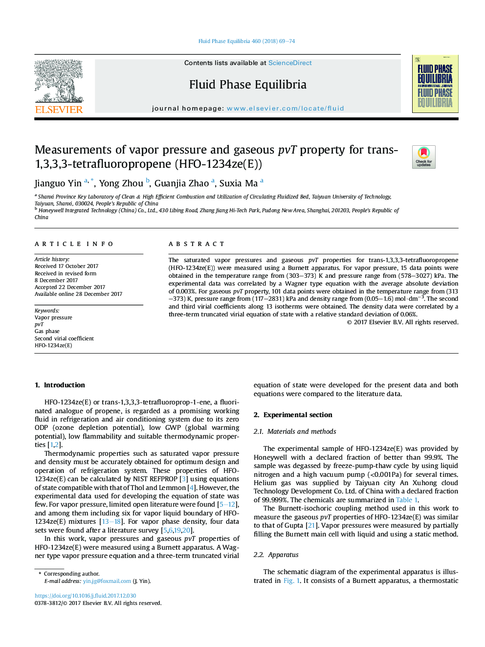 Measurements of vapor pressure and gaseous pvT property for trans-1,3,3,3-tetrafluoropropene (HFO-1234ze(E))