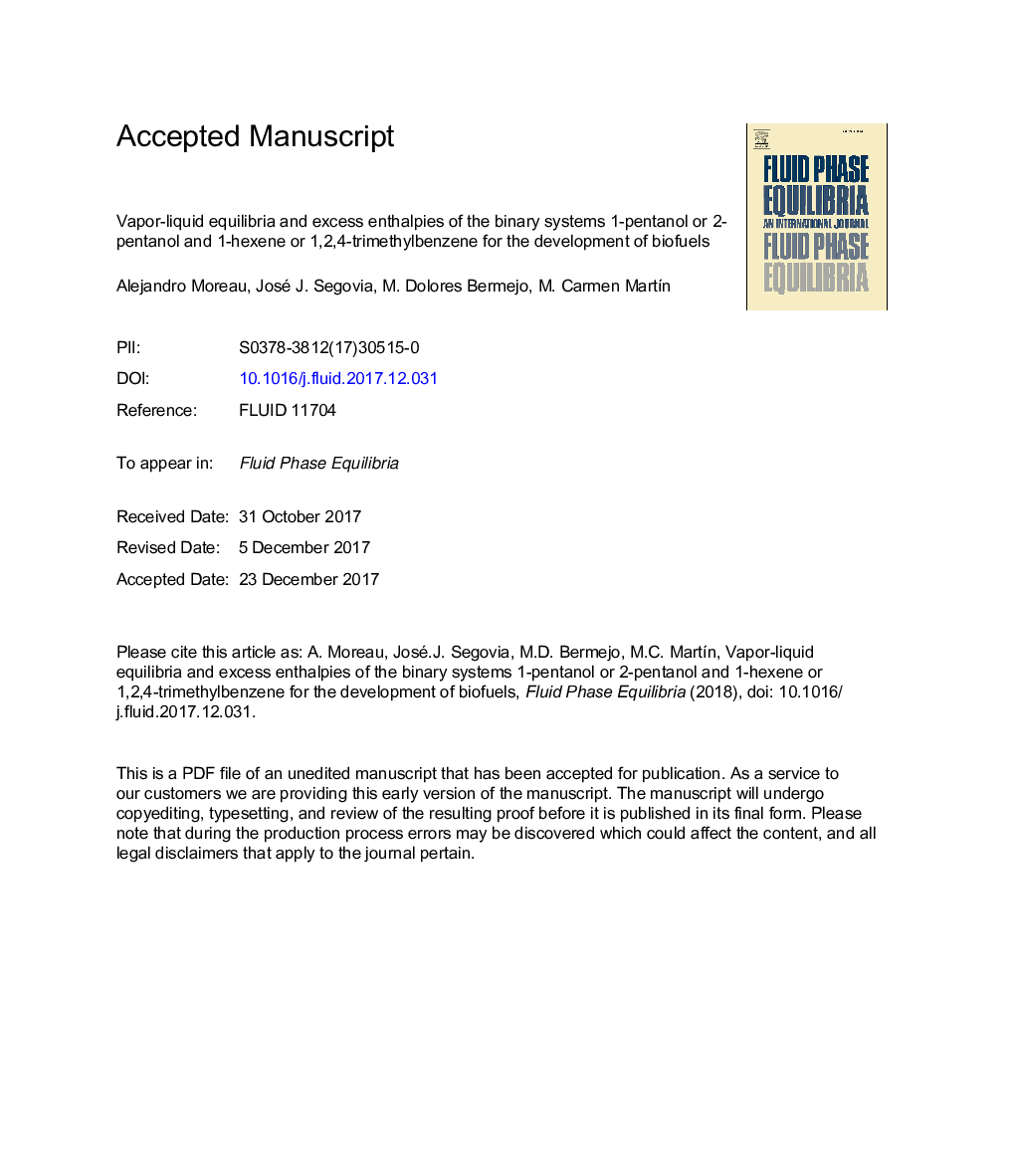 تعادل بخار و مایع و آنتالپی های اضافی سیستم های دودویی 1-پنتانول یا 2-پنتانول و 1-هگزن یا 1،2،4-ترتیبی بنزن برای توسعه سوخت های زیستی 