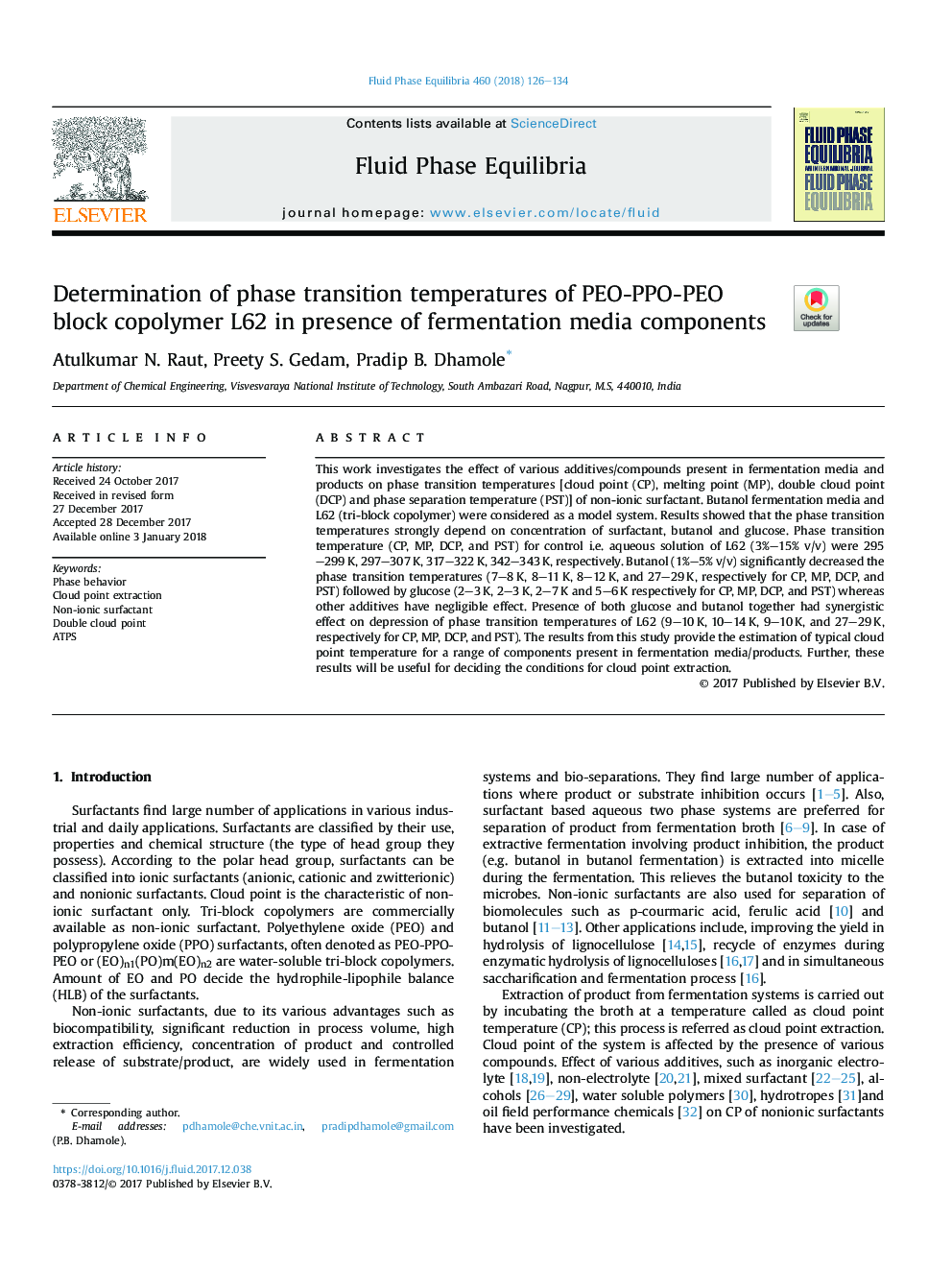 Determination of phase transition temperatures of PEO-PPO-PEO block copolymer L62 in presence of fermentation media components