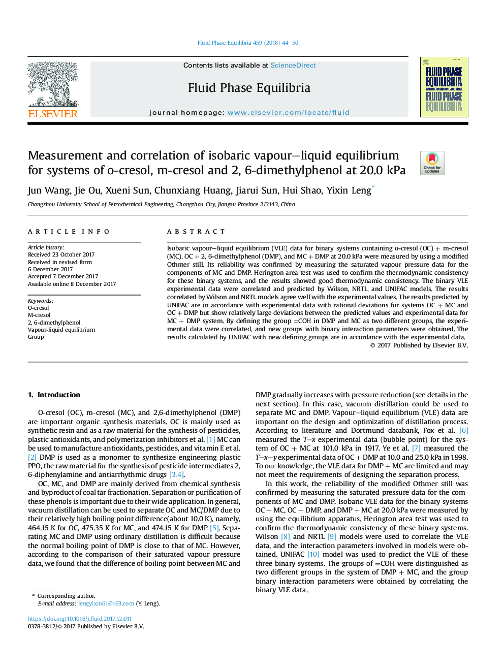 Measurement and correlation of isobaric vapour-liquid equilibrium for systems of o-cresol, m-cresol and 2, 6-dimethylphenol at 20.0Â kPa