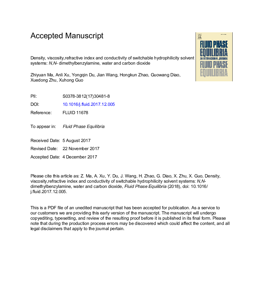 Density, viscosity, refractive index and conductivity of switchable hydrophilicity solvent systems: N,N-Dimethylbenzylamine, water and carbon dioxide