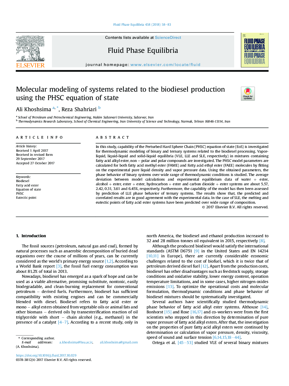 Molecular modeling of systems related to the biodiesel production using the PHSC equation of state