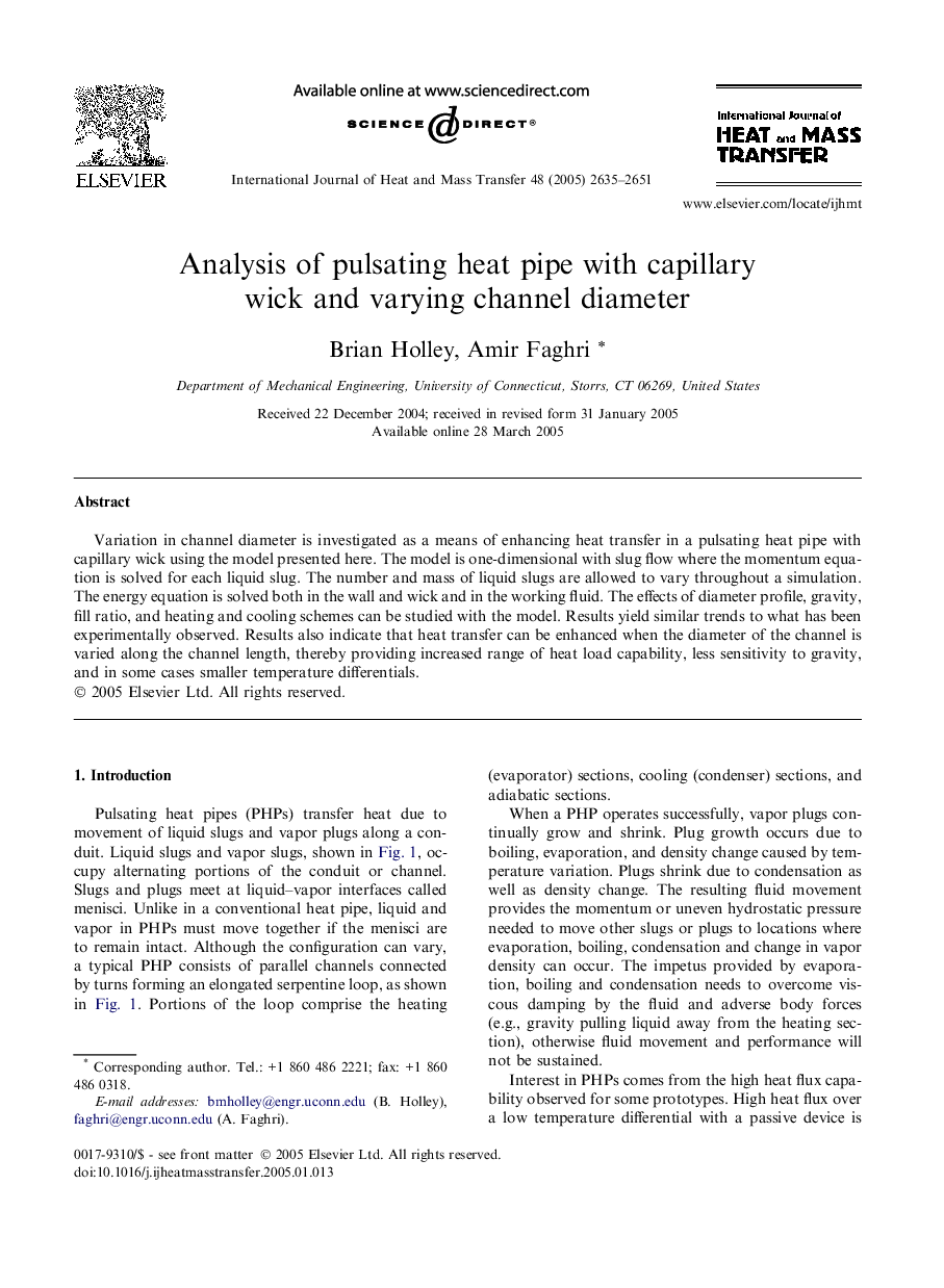 Analysis of pulsating heat pipe with capillary wick and varying channel diameter