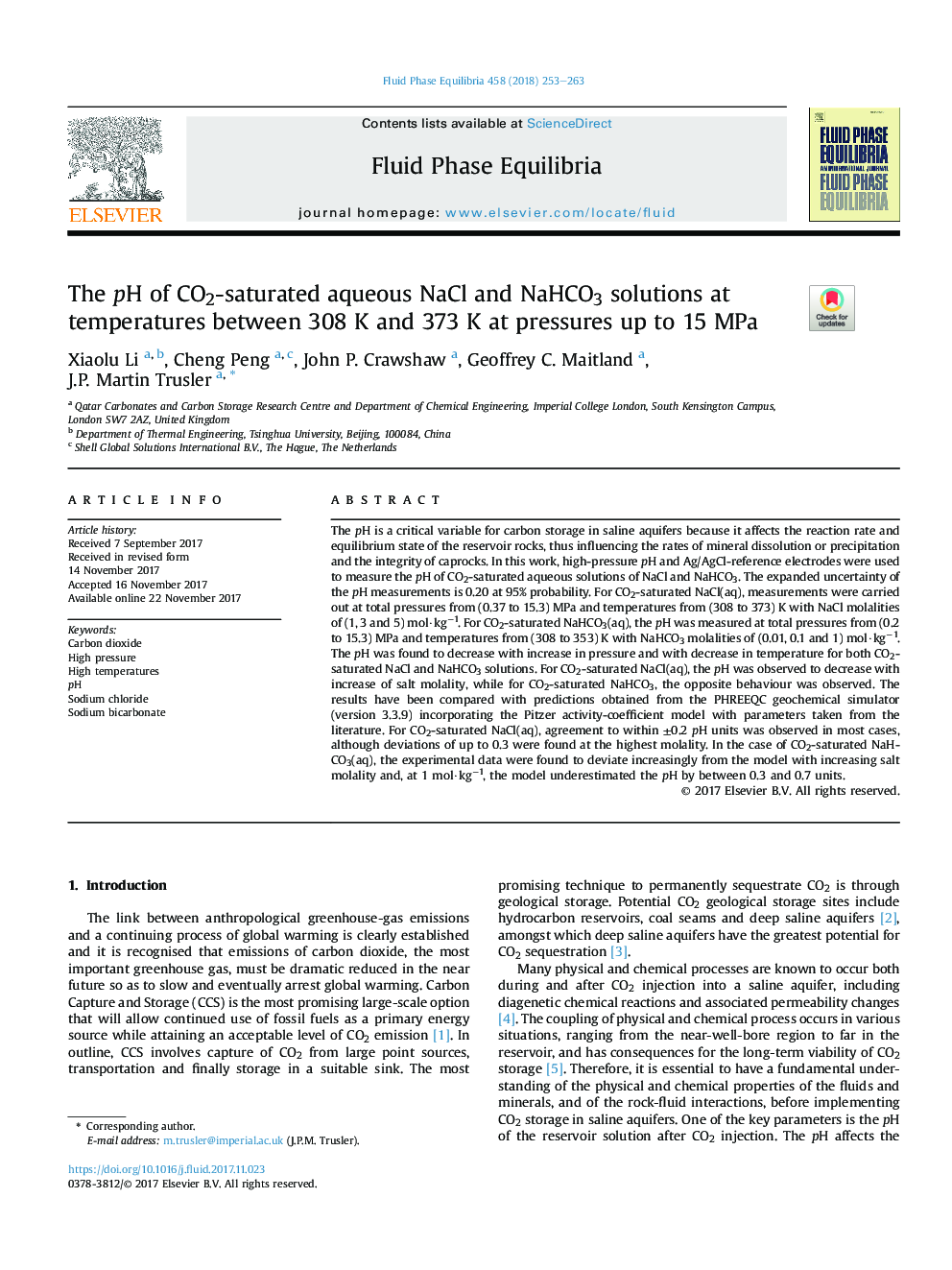 The pH of CO2-saturated aqueous NaCl and NaHCO3 solutions at temperatures between 308Â K and 373Â KÂ at pressures up to 15Â MPa