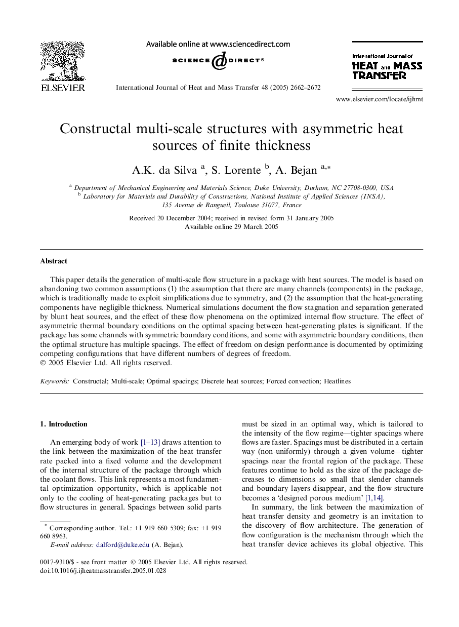 Constructal multi-scale structures with asymmetric heat sources of finite thickness