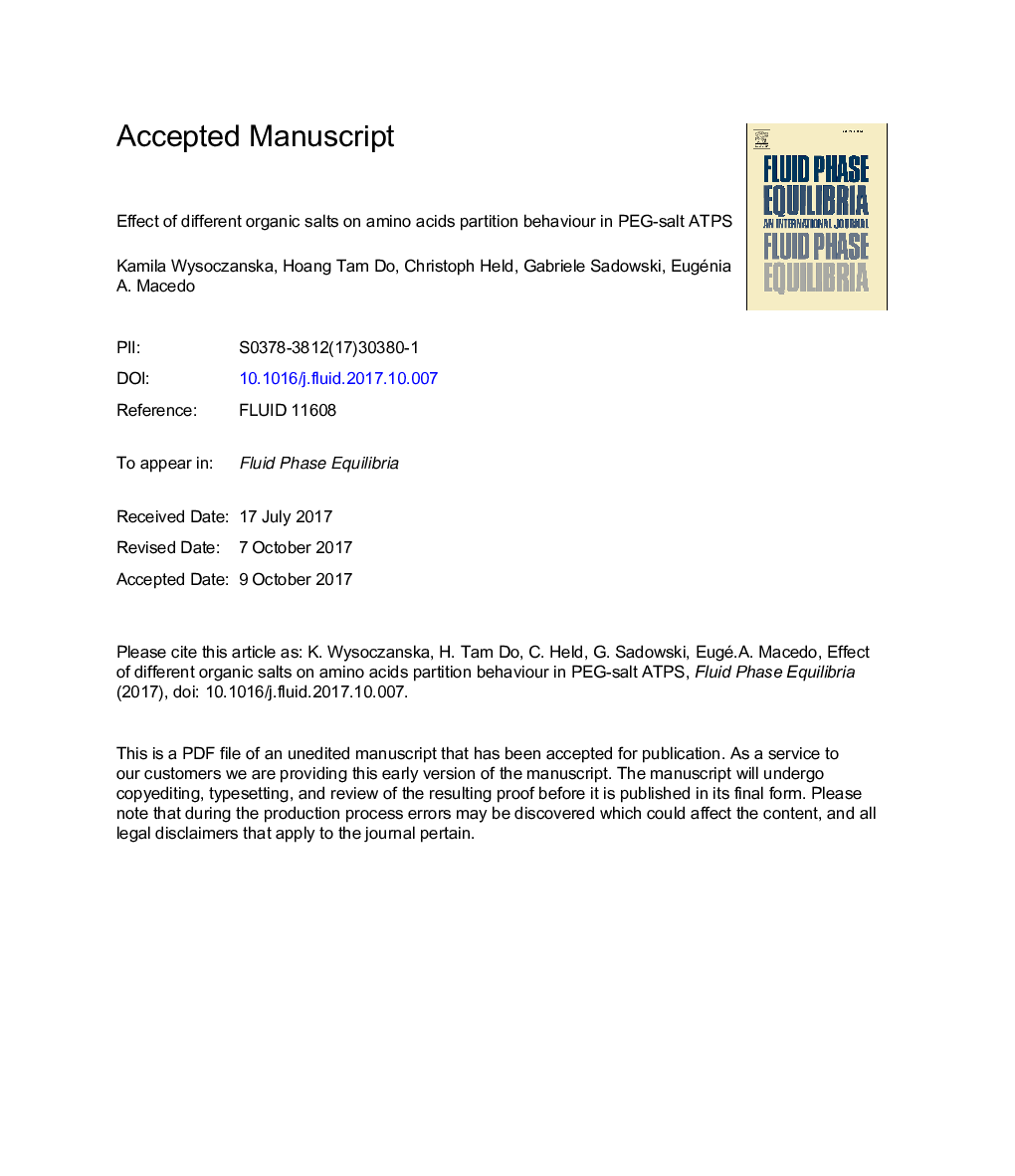 Effect of different organic salts on amino acids partition behaviour in PEG-salt ATPS