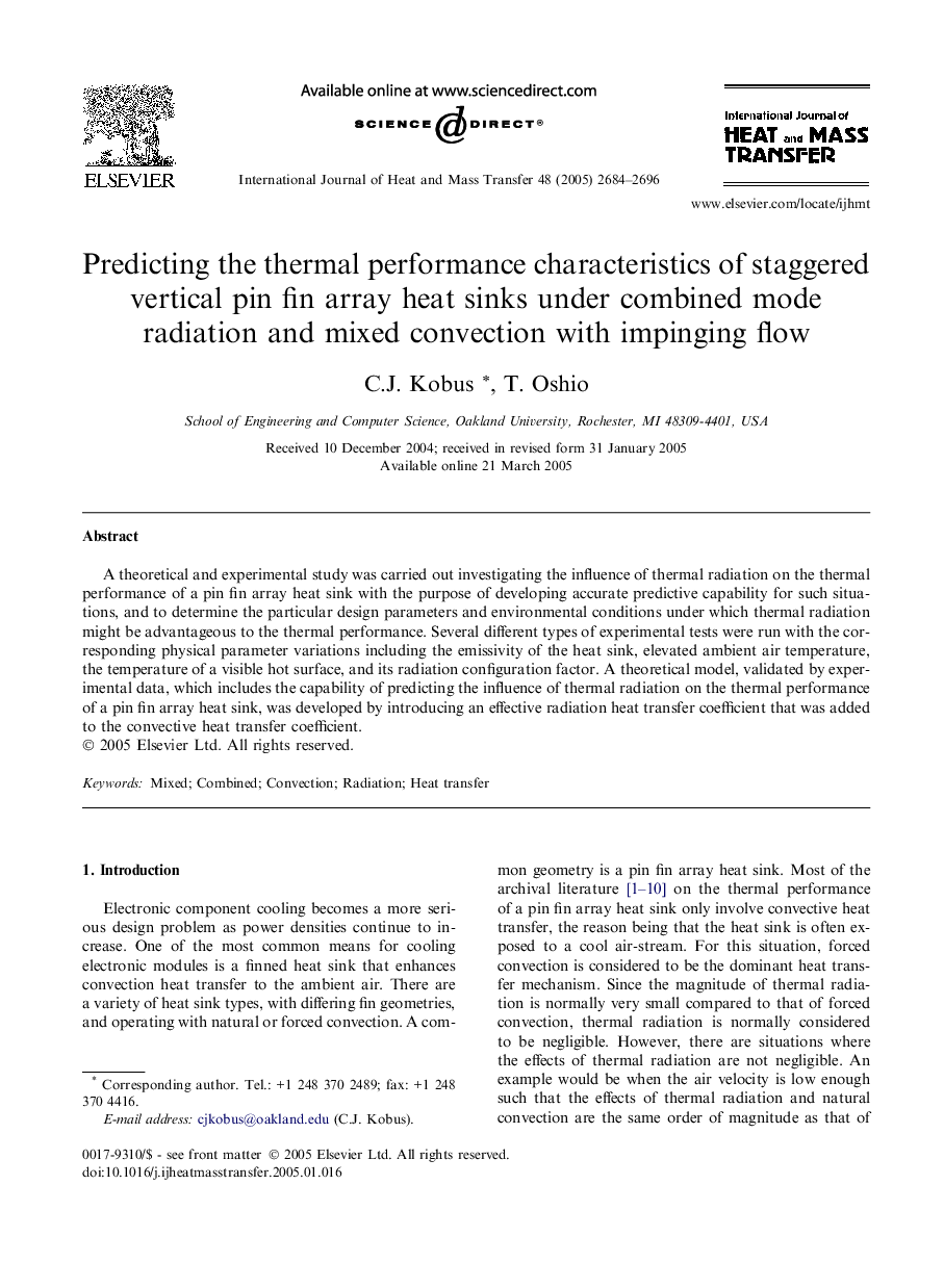 Predicting the thermal performance characteristics of staggered vertical pin fin array heat sinks under combined mode radiation and mixed convection with impinging flow