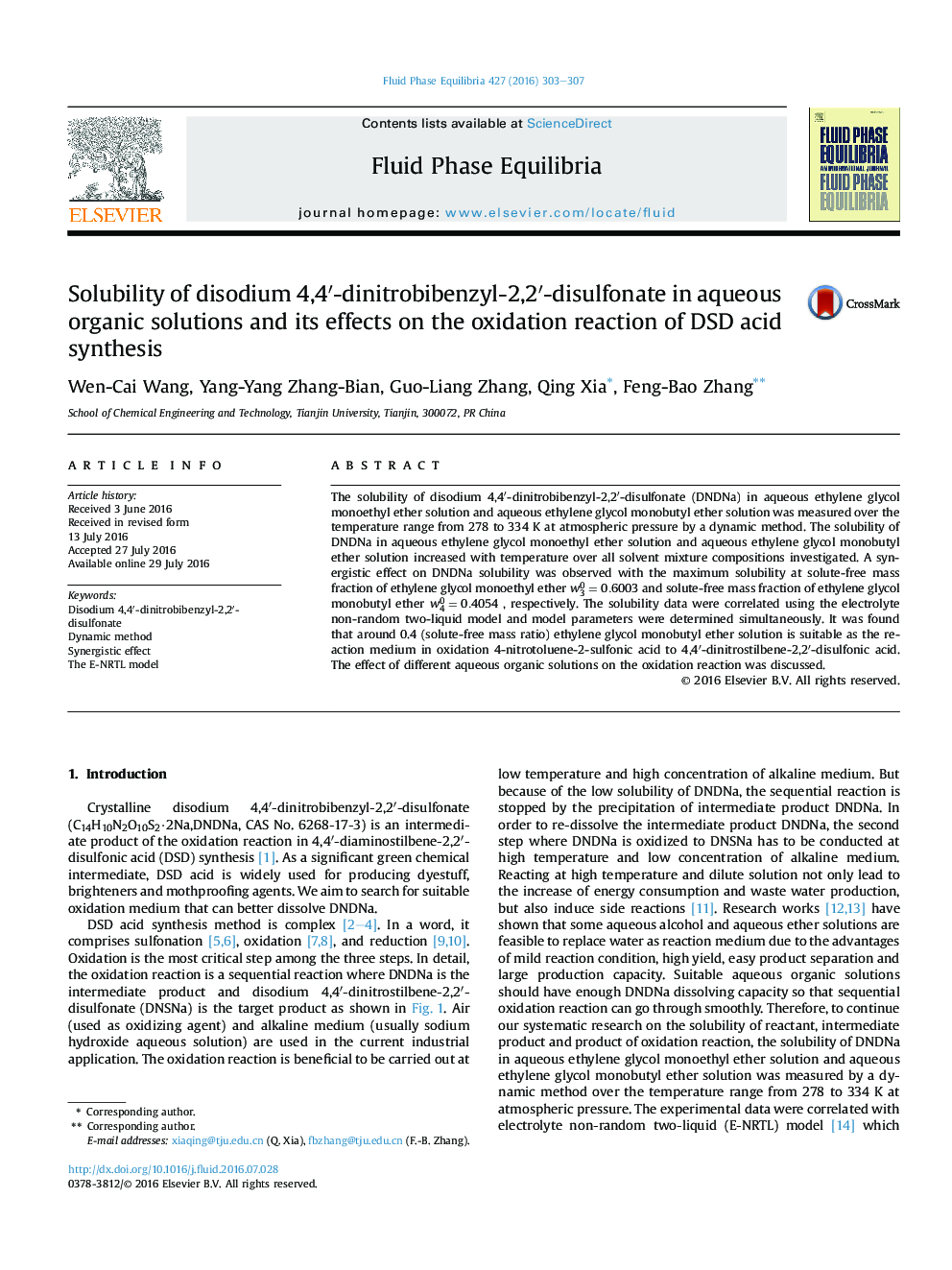 Solubility of disodium 4,4â²-dinitrobibenzyl-2,2â²-disulfonate in aqueous organic solutions and its effects on the oxidation reaction of DSD acid synthesis