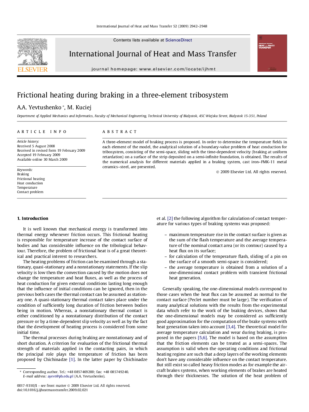 Frictional heating during braking in a three-element tribosystem