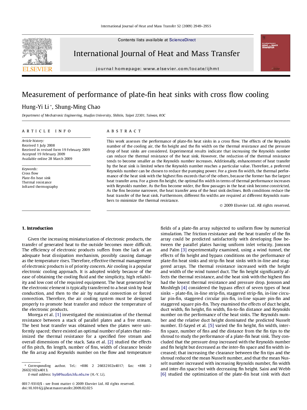 Measurement of performance of plate-fin heat sinks with cross flow cooling