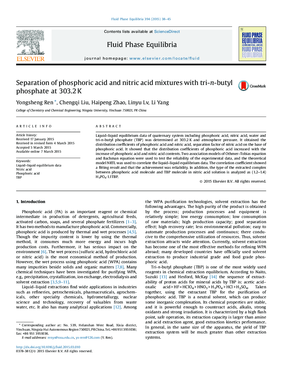 Separation of phosphoric acid and nitric acid mixtures with tri-n-butyl phosphate at 303.2Â K