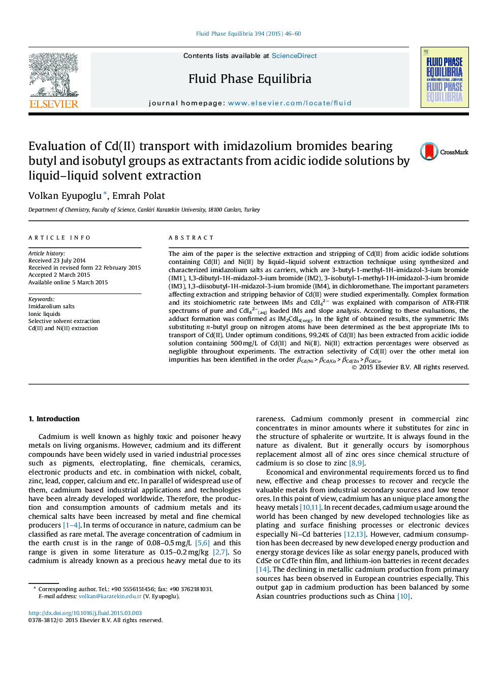Evaluation of Cd(II) transport with imidazolium bromides bearing butyl and isobutyl groups as extractants from acidic iodide solutions by liquid-liquid solvent extraction