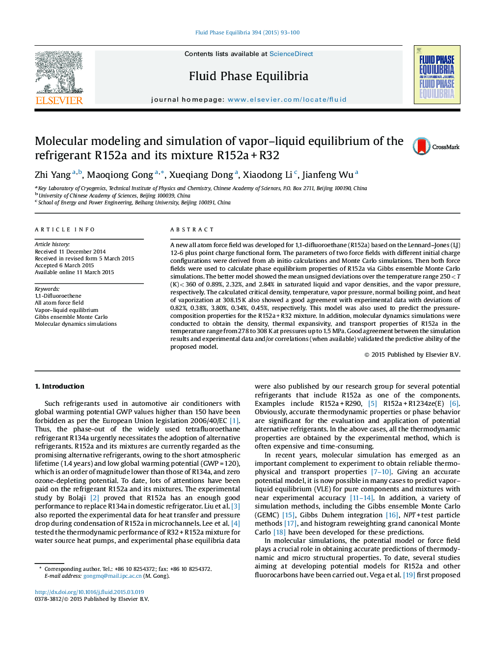 Molecular modeling and simulation of vapor-liquid equilibrium of the refrigerant R152a and its mixture R152aÂ +Â R32