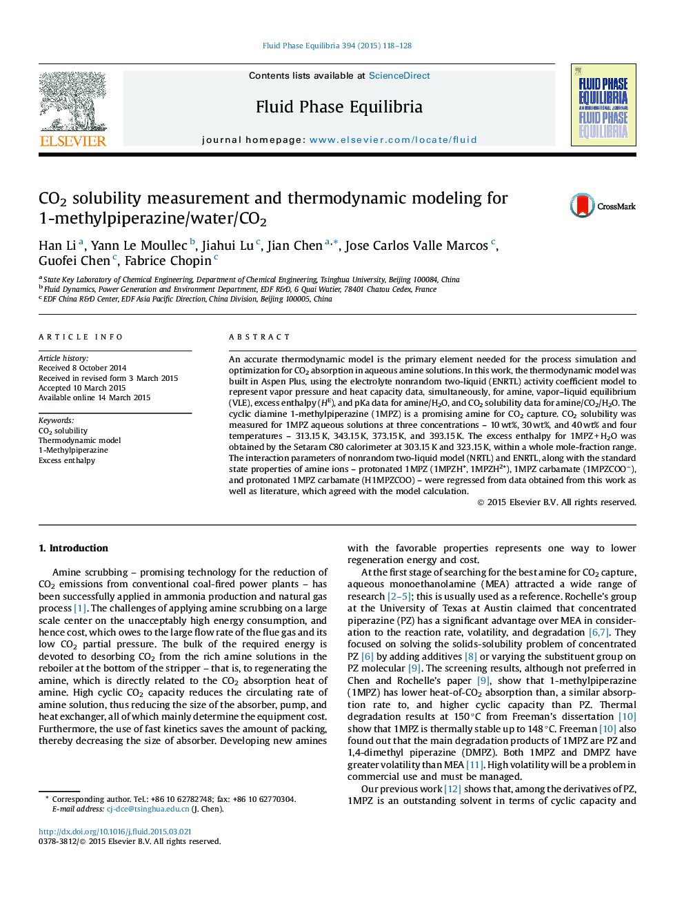 CO2 solubility measurement and thermodynamic modeling for 1-methylpiperazine/water/CO2