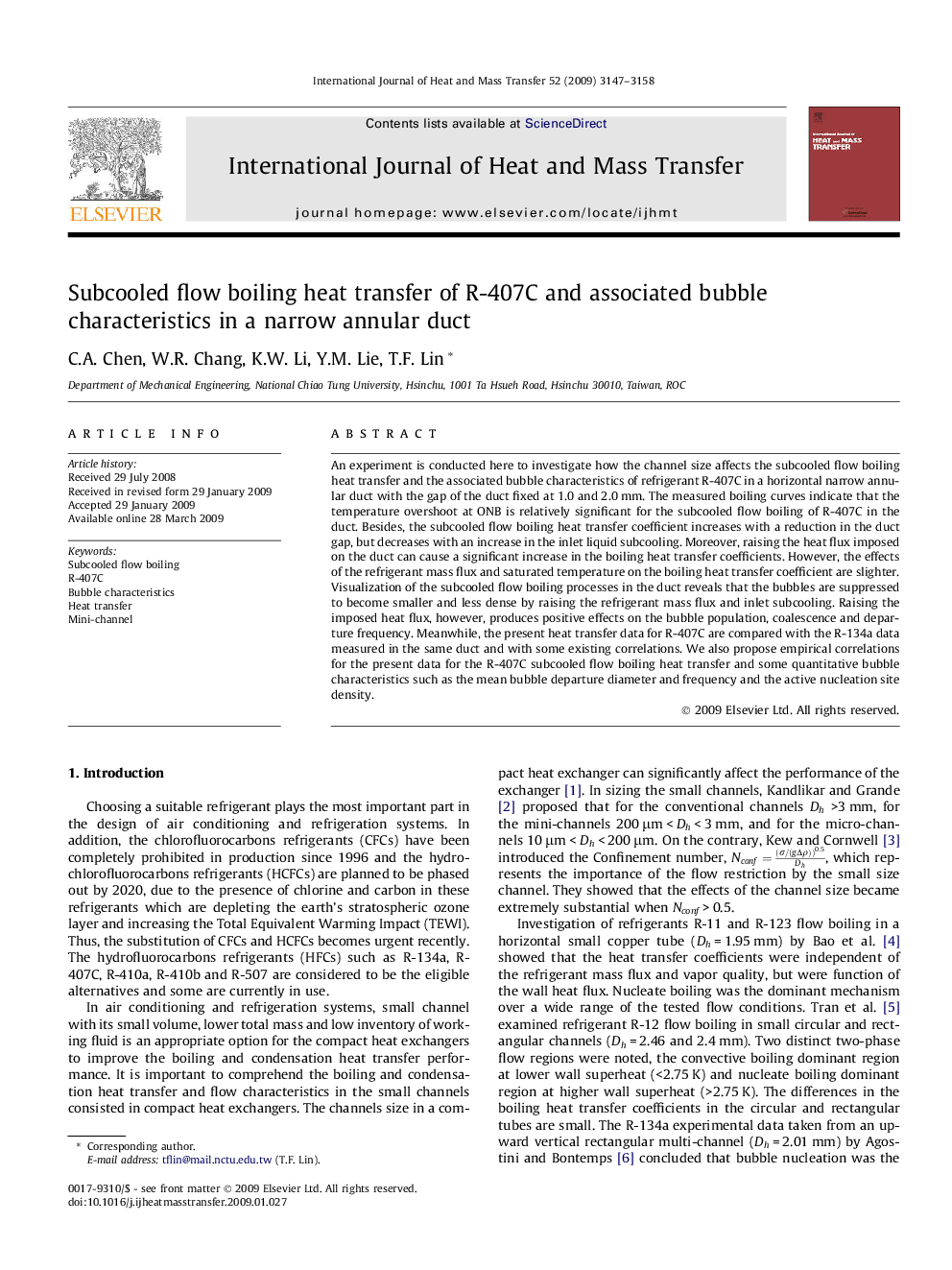 عکس صفحه اول مقاله: Subcooled flow boiling heat transfer of R-407C and associated bubble characteristics in a narrow annular duct Subcooled flow boiling heat transfer of R-407C and associated bubble characteristics in a narrow annular duct