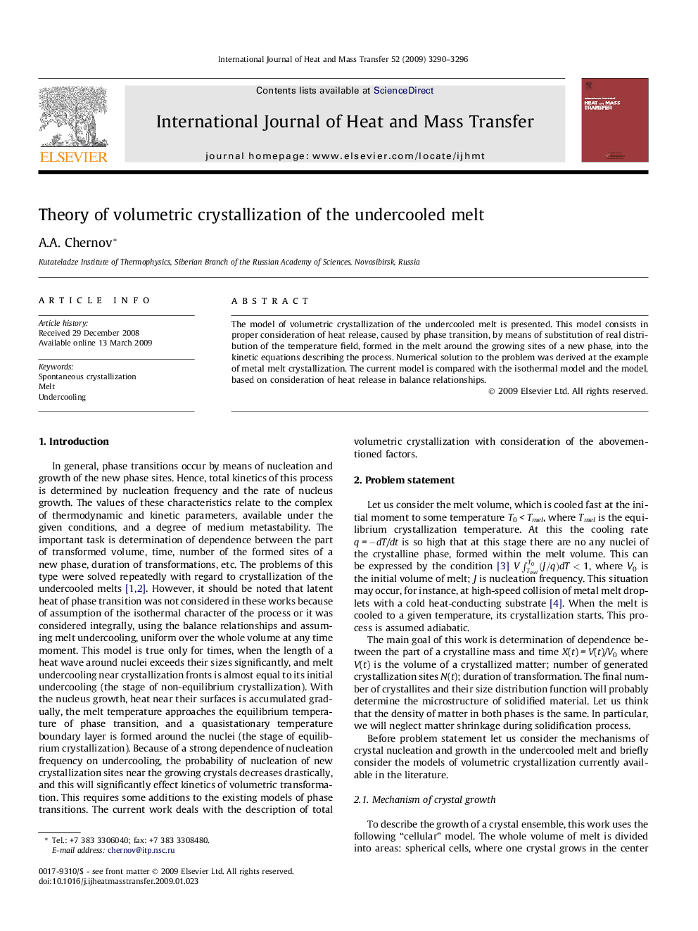 Theory of volumetric crystallization of the undercooled melt