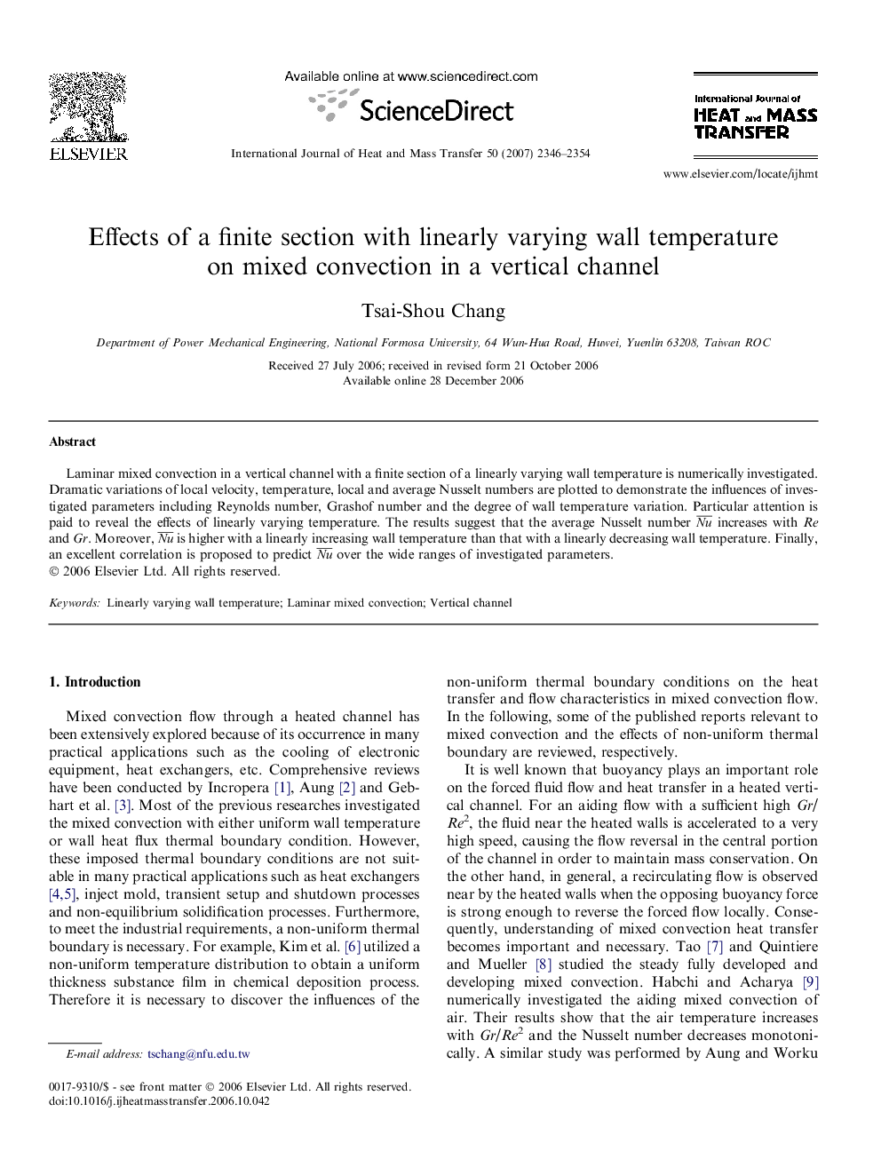 Effects of a finite section with linearly varying wall temperature on mixed convection in a vertical channel