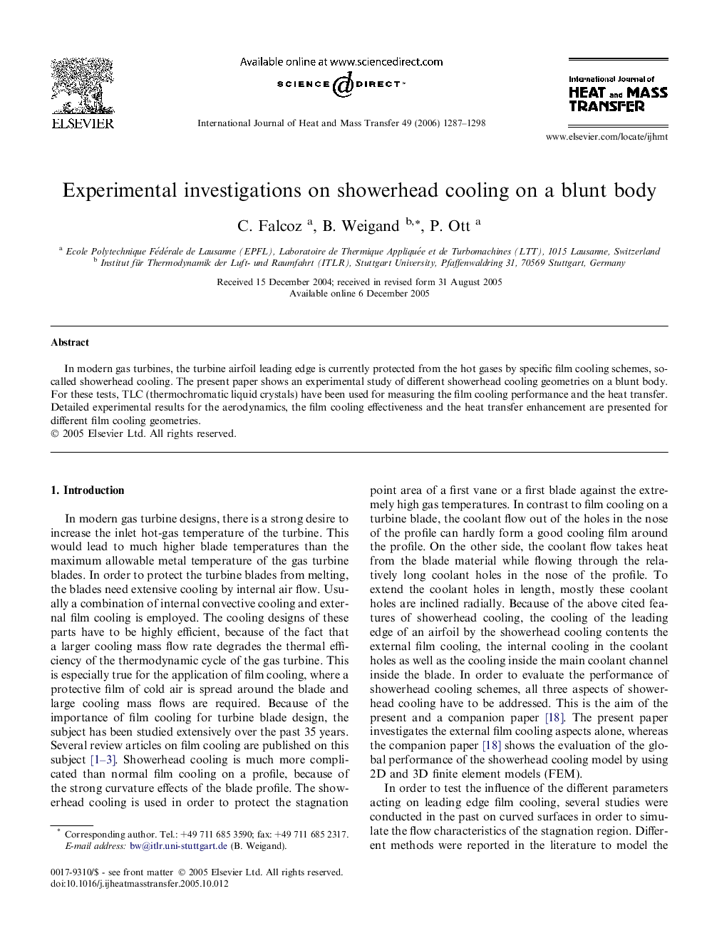 Experimental investigations on showerhead cooling on a blunt body