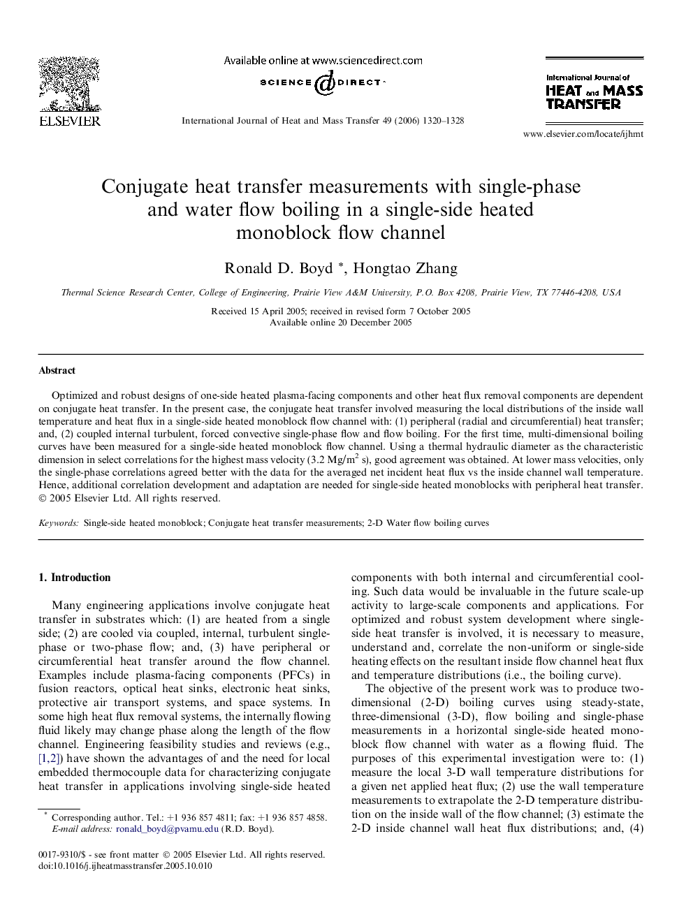 Conjugate heat transfer measurements with single-phase and water flow boiling in a single-side heated monoblock flow channel