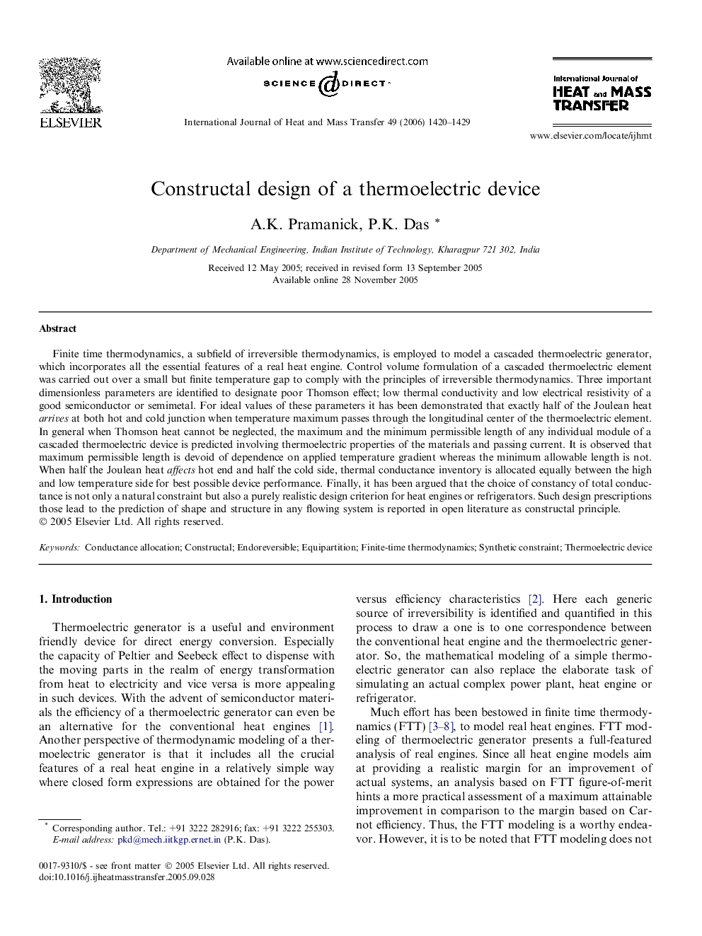 Constructal design of a thermoelectric device