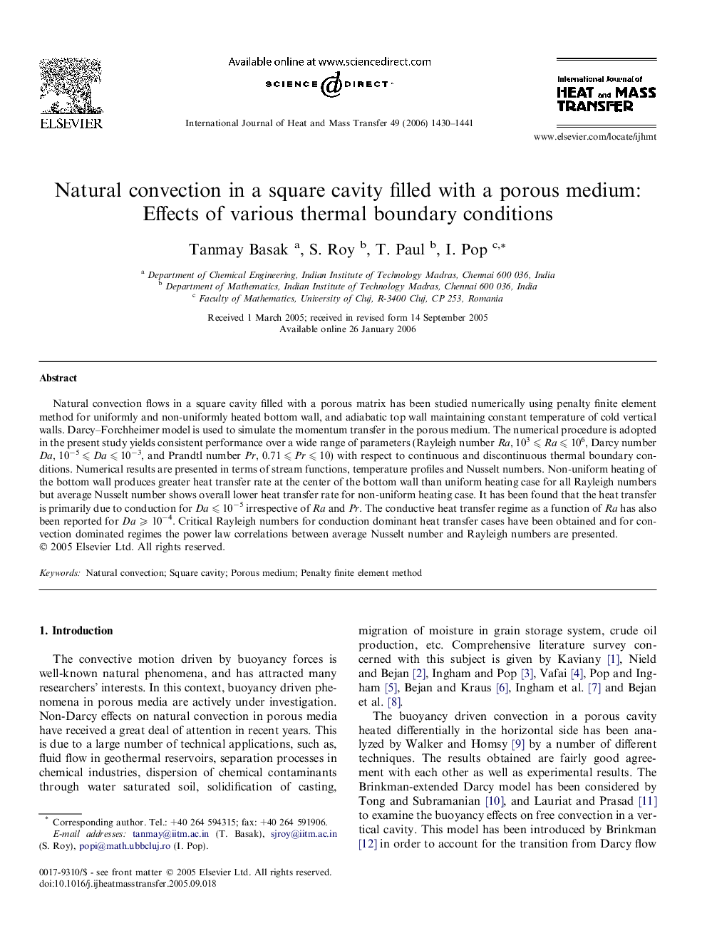 Natural convection in a square cavity filled with a porous medium: Effects of various thermal boundary conditions