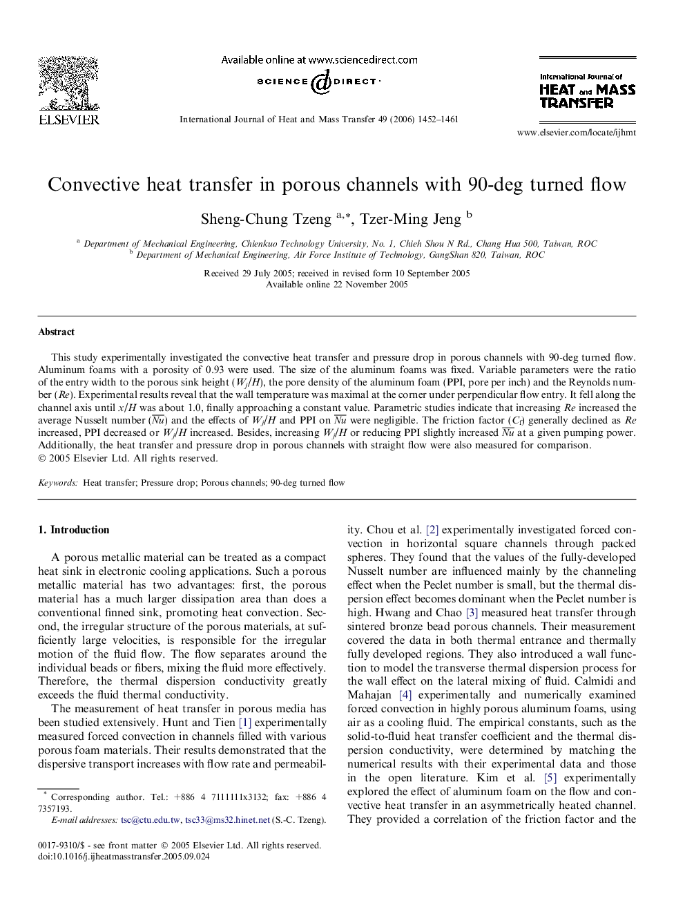 Convective heat transfer in porous channels with 90-deg turned flow