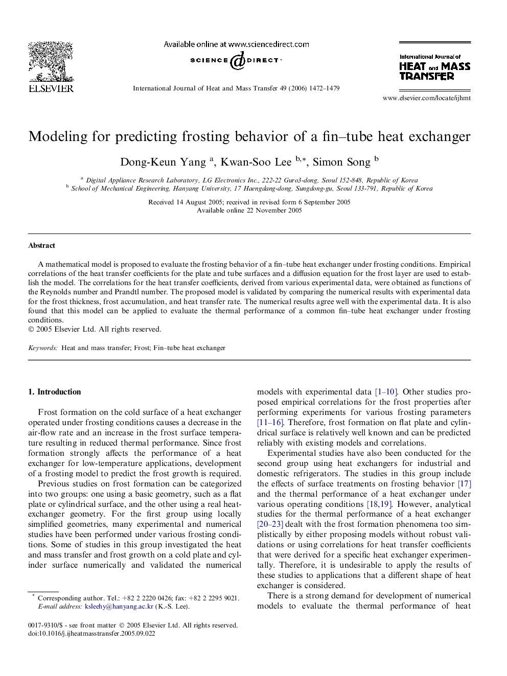 Modeling for predicting frosting behavior of a fin–tube heat exchanger