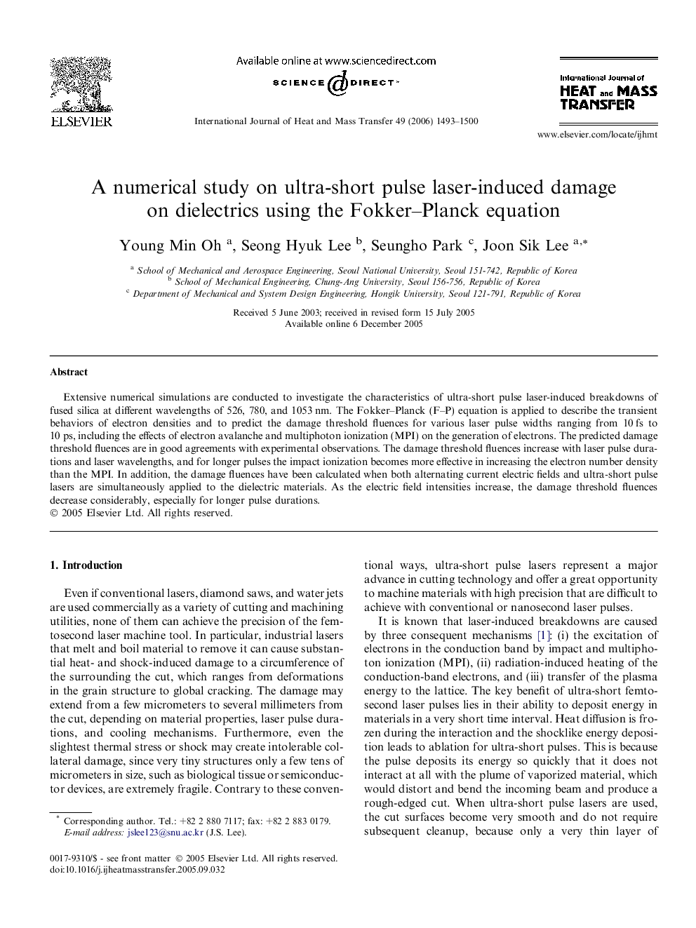 A numerical study on ultra-short pulse laser-induced damage on dielectrics using the Fokker–Planck equation