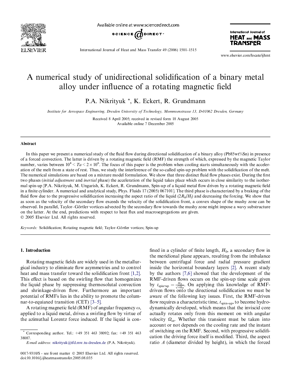 A numerical study of unidirectional solidification of a binary metal alloy under influence of a rotating magnetic field